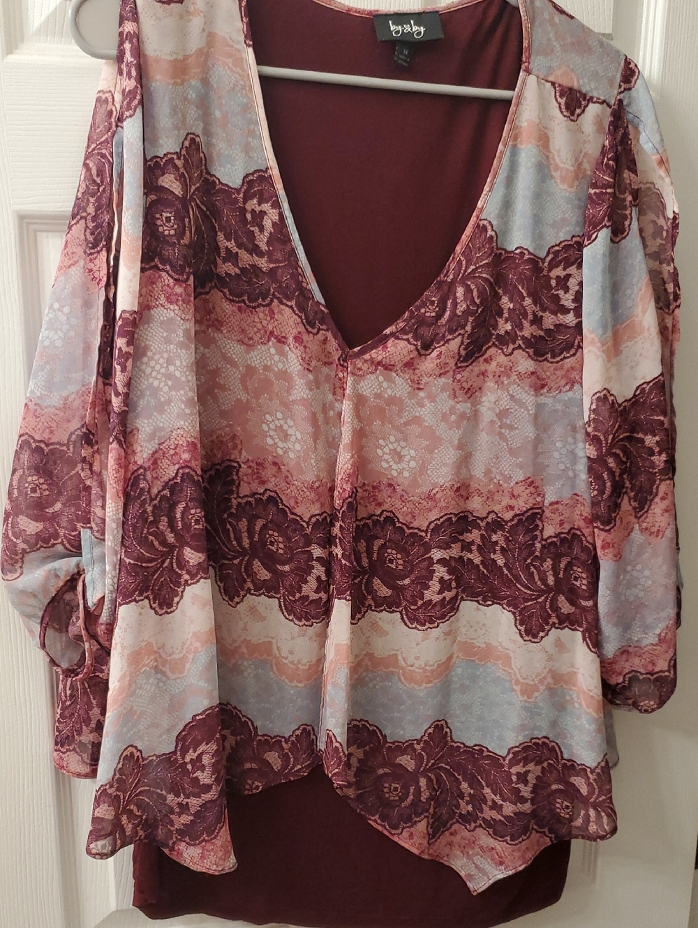 by & by Lace-Stripe V-Neck Blouse in Wine, Blush and Light Blue